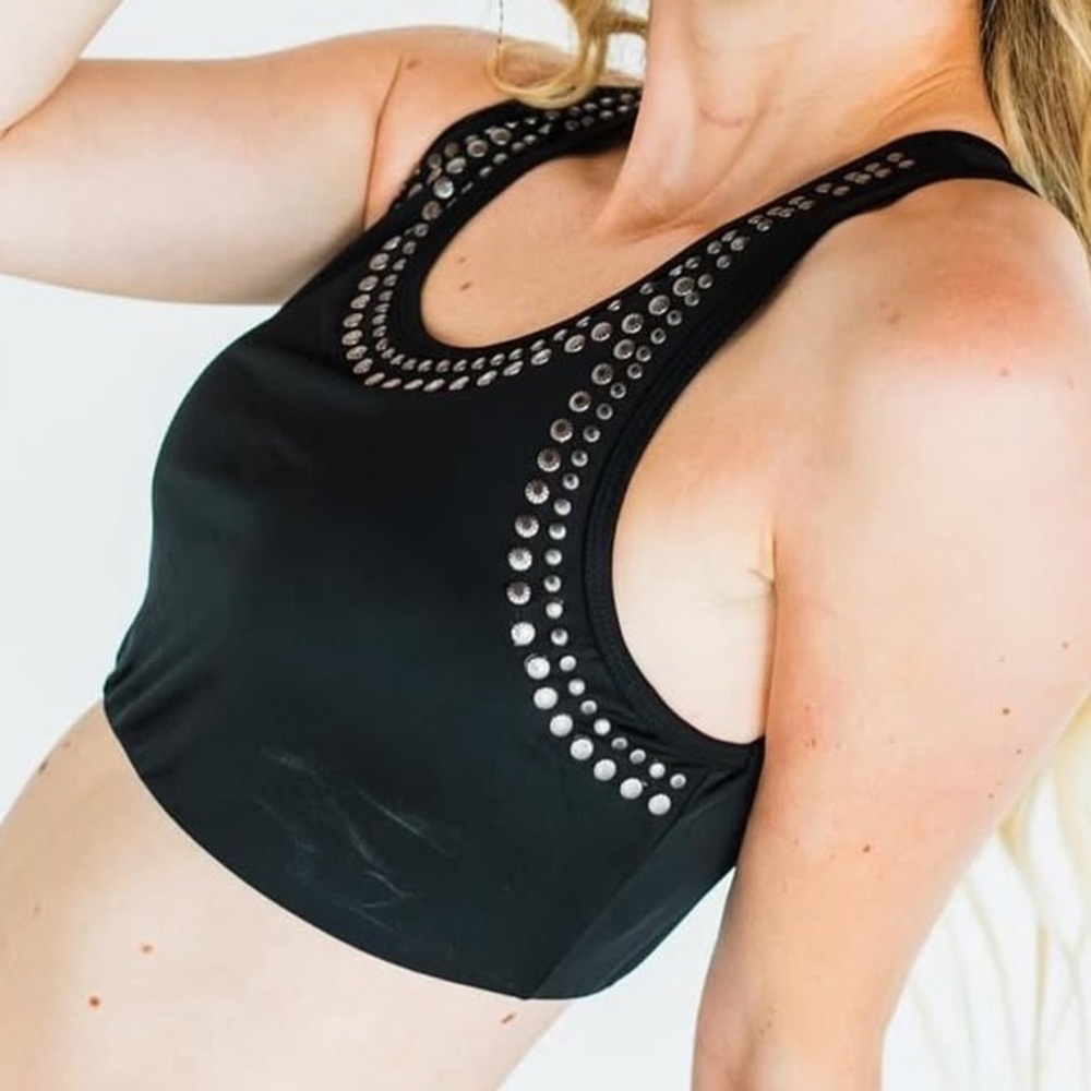 NEW TWO 2 FLY Black Sports/Swim Bra with Studs and Yeehaw on back